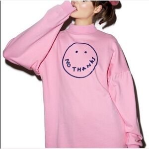 Lazy Oaf “No Thanks” Pink Oversized Graphic Sweatshirt Mock Neck Balloon Sleeve